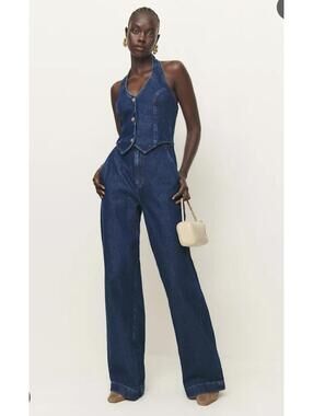 Reformation Lorenza Denim Jumpsuit Dark Blue with Wide Legs Size 2